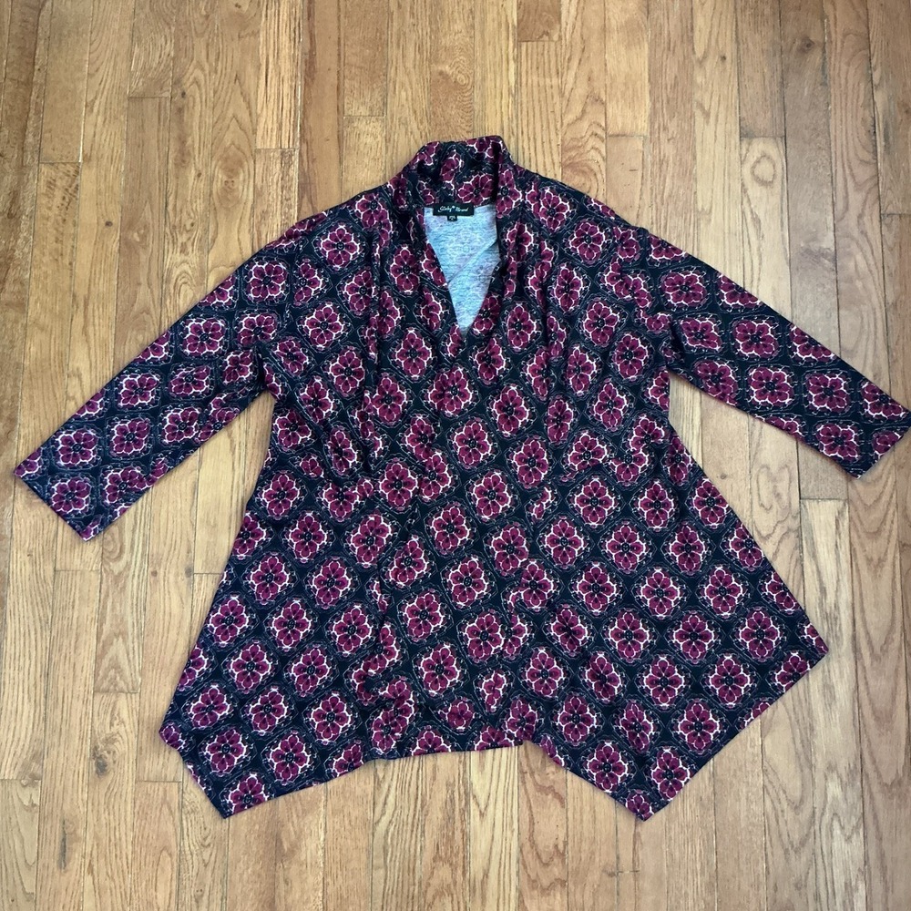 Slinky Brand Floral Open Front Cardigan Black White & Red Print Womens Large